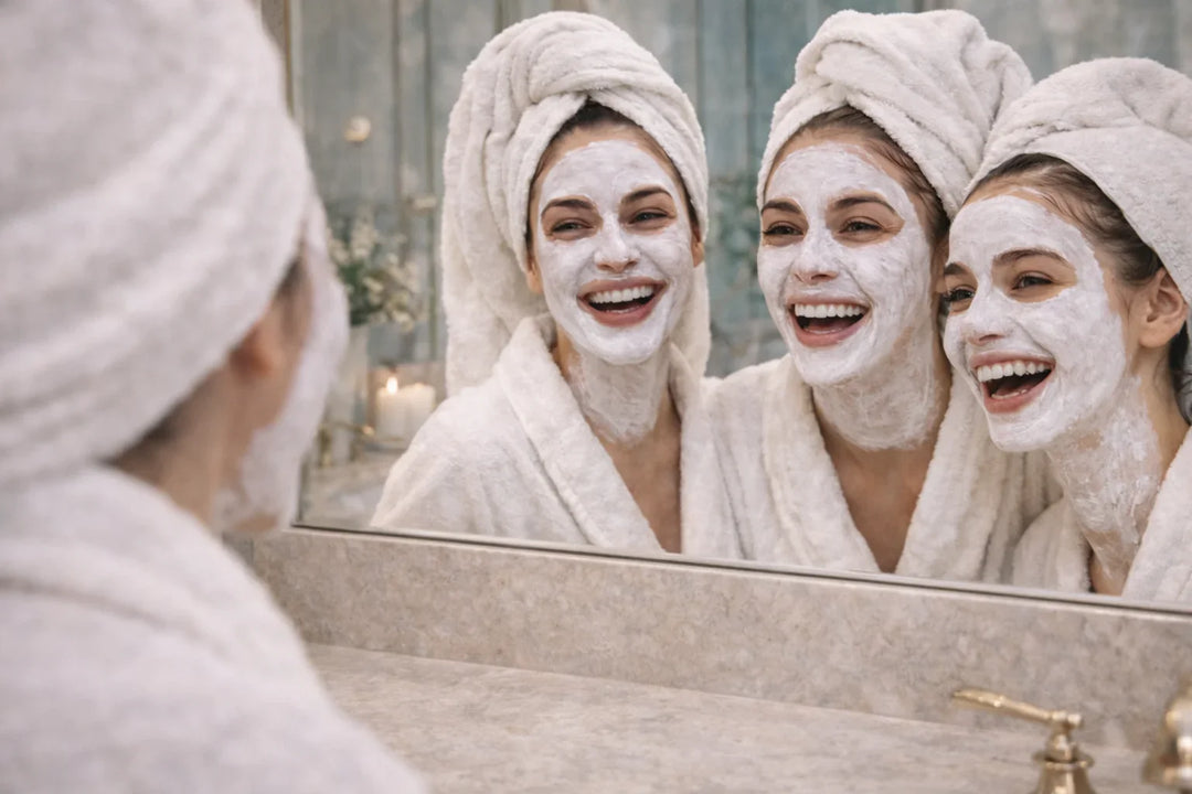 Three women with face masks in a bathroom mirror.
