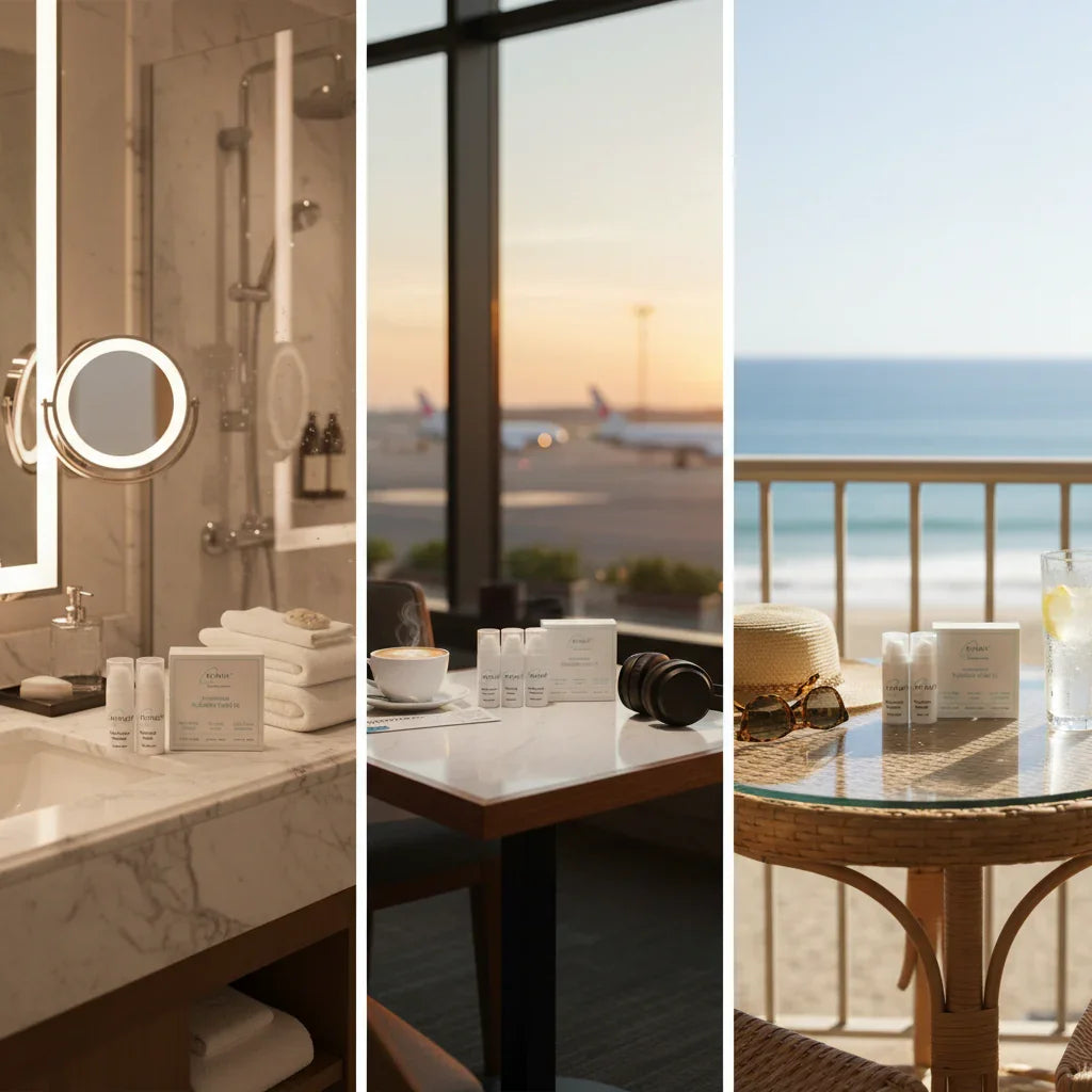 asthetik akincare on Bathroom counter with toiletries, airport terminal view, and balcony with ocean view.