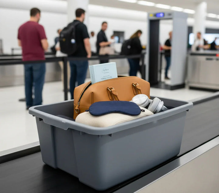 Gray bin with brown leather bag, white pillow, and blue eye mask and asthetik skincare travel set on an airport baggage carousel.