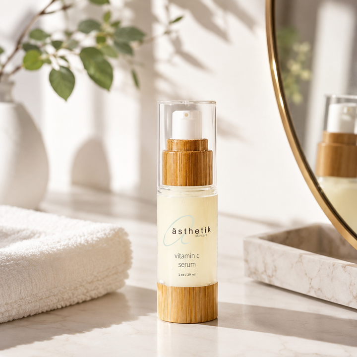 ästhetik vitamin c serum on bright bathroom vanity for glowing sensitive skin