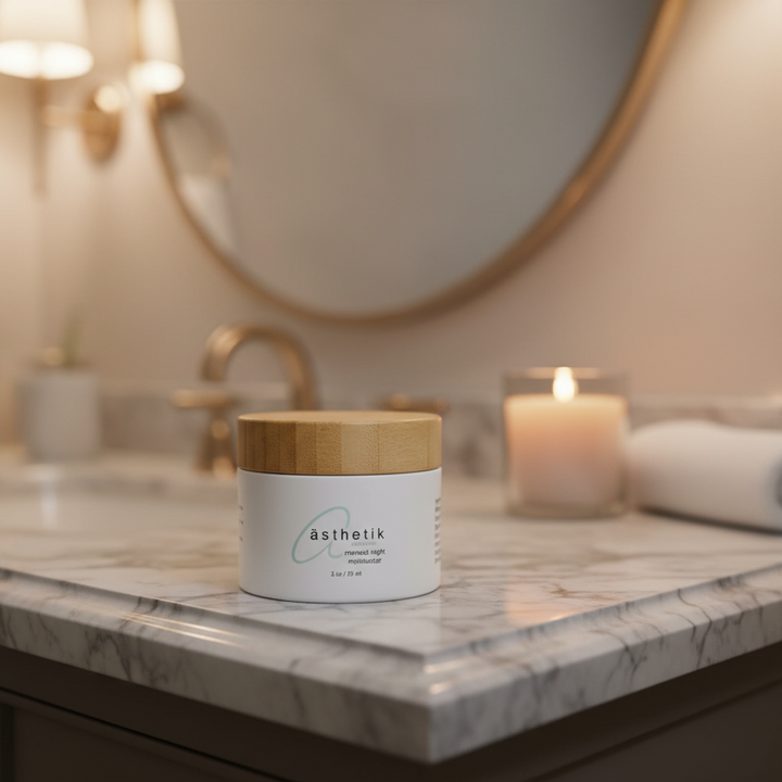 jar of asthetik skincare o bathroom counter