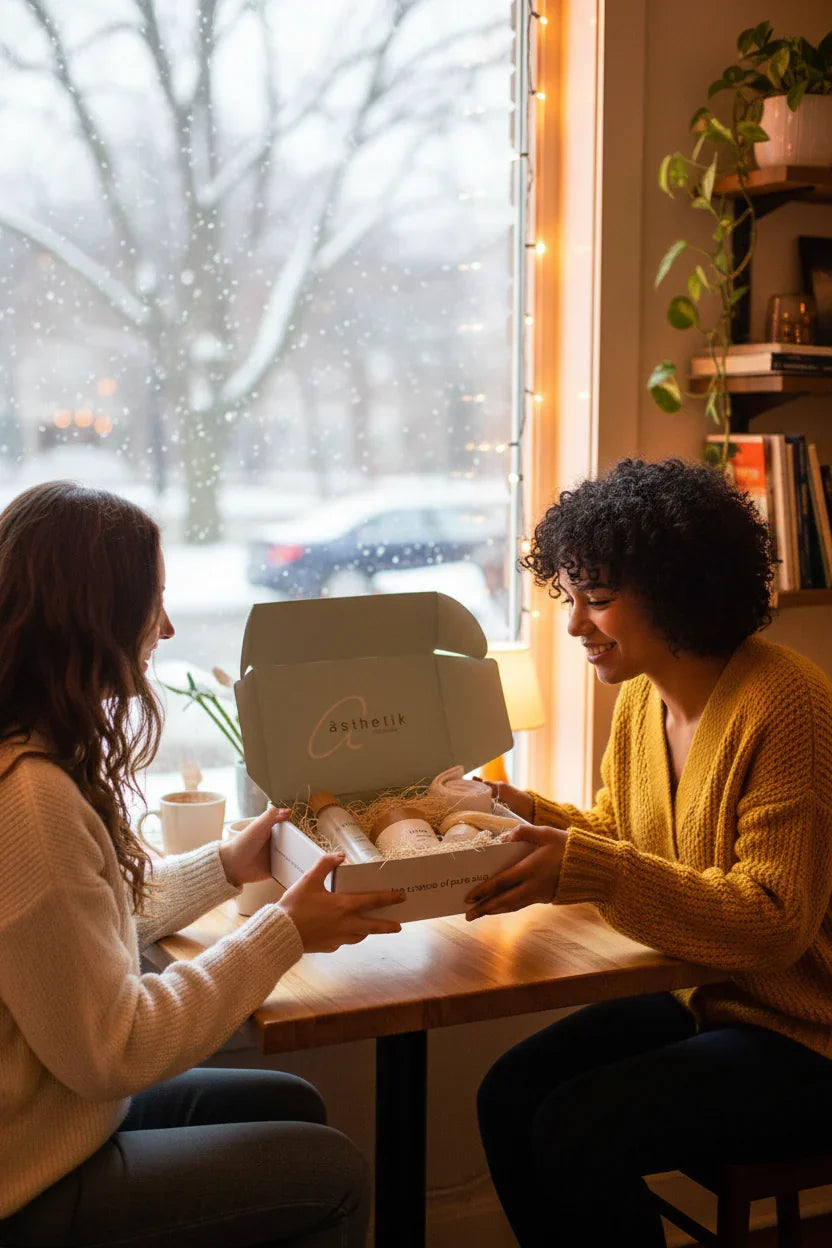 tow people exchanging asthetik skincare