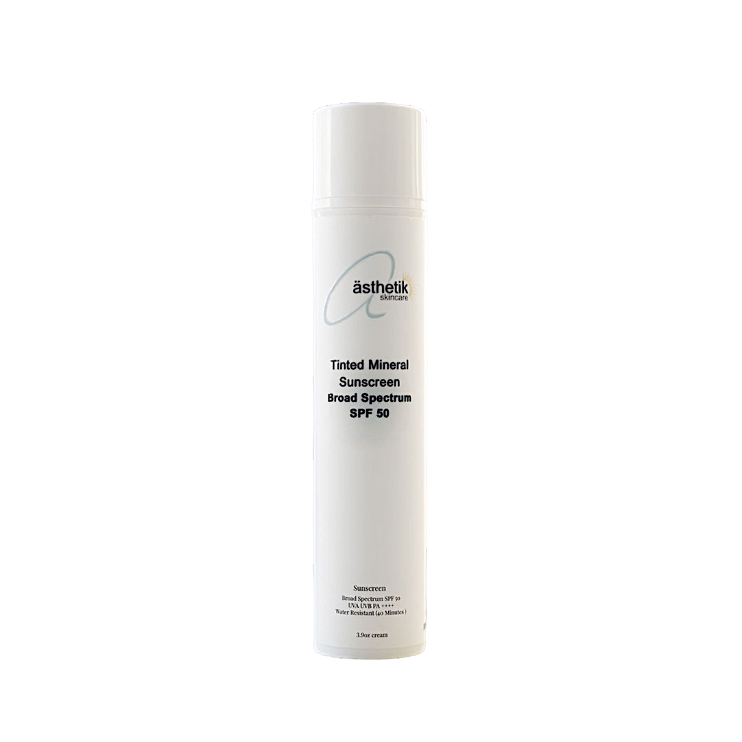 White bottle of asthetik tinted Mineral Sunscreen on a white background