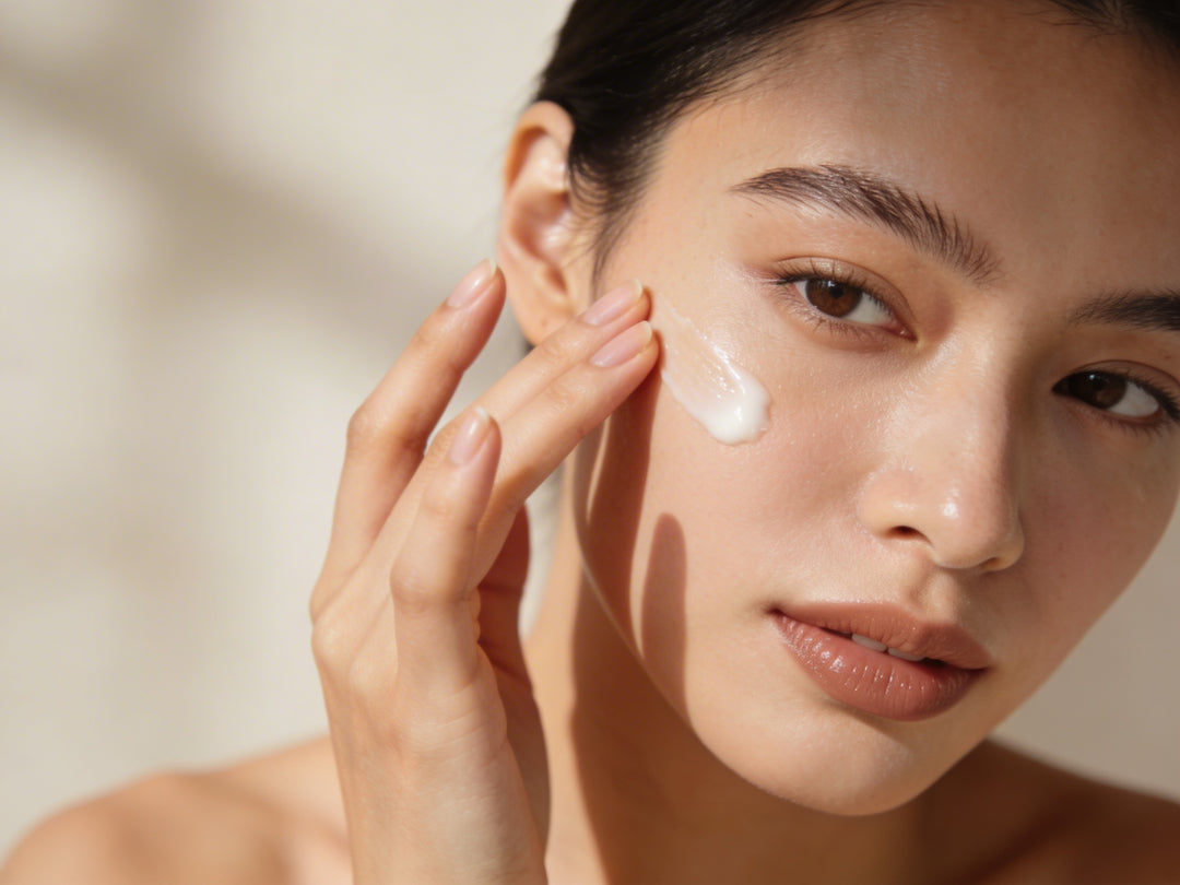 Woman applying cream to her face with a neutral background