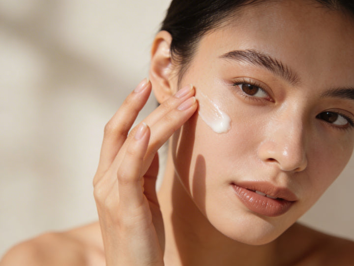 Woman applying cream to her face with a neutral background