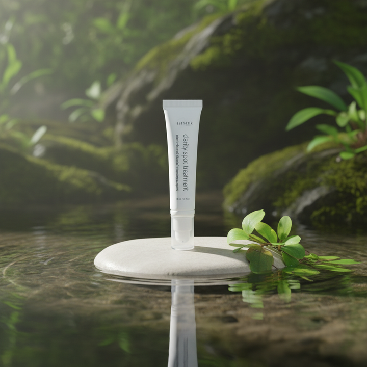 Skincare tube on a white platform with a natural background