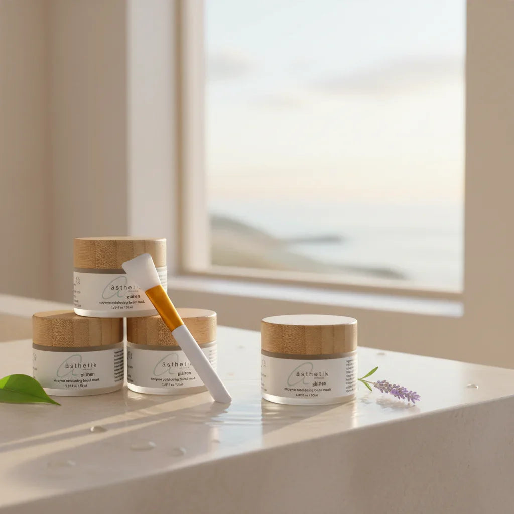 asthetik Skincare products with bamboo lids on a light surface near a window