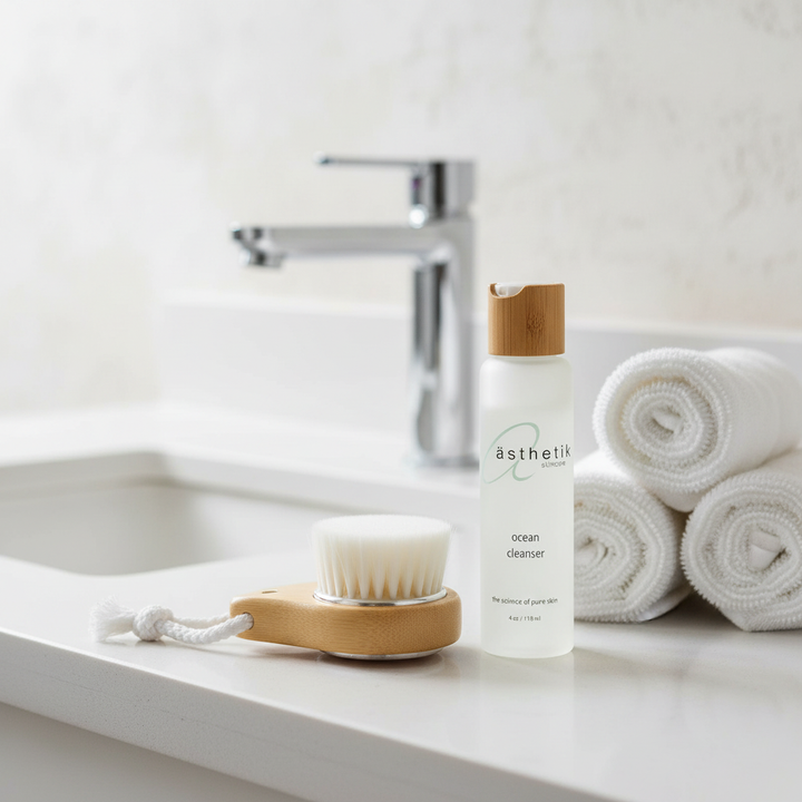 Bathroom counter with astheik skincare product, brush, and towels.