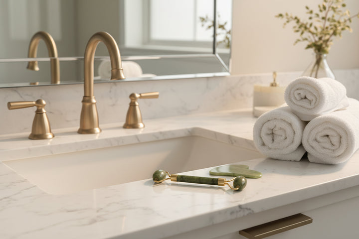 Green jade roller and gua sha tool on a white background