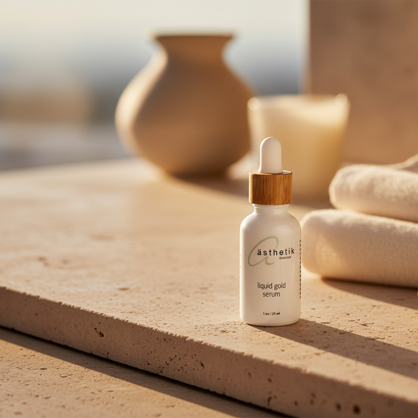 asthetik Skincare liquid gold serum bottle with dropper on a wooden surface with towels and a vase in the background