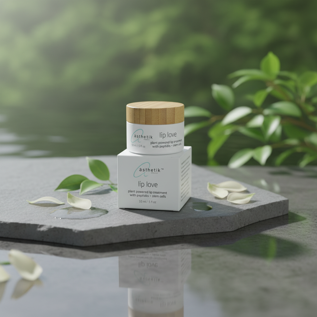 Cosmetic jars with green leaves on a reflective surface with a blurred natural background