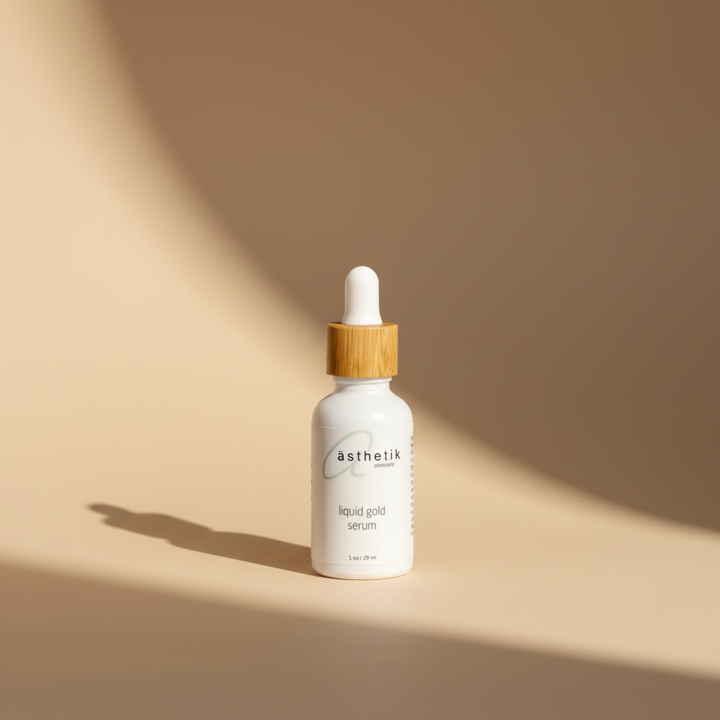 Skincare liquid gold serum bottle with bamboo dropper on a beige background