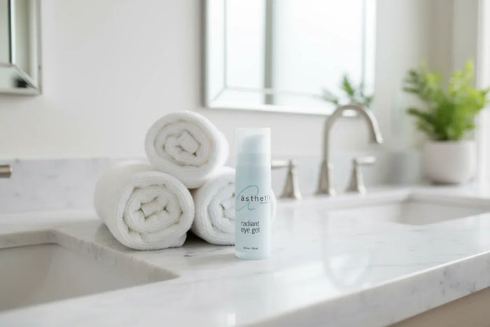 Radiant eye gel bottle on marble bathroom counter with rolled white towels and plant