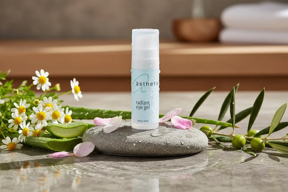asthetik skincare radiant eye gel on a stone with flowers and greenery