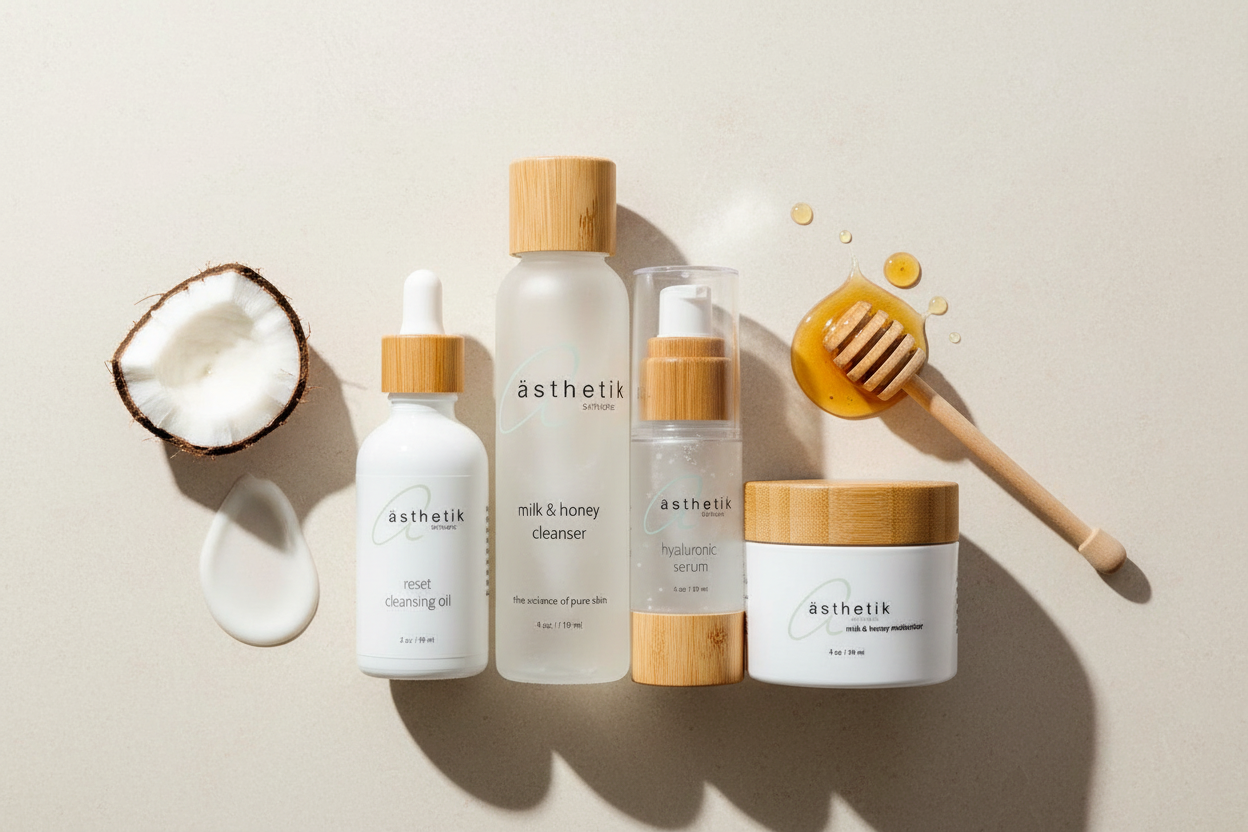 Collection of 'asthetik' skincare products on a neutral background with coconut, honey, and honeycomb.