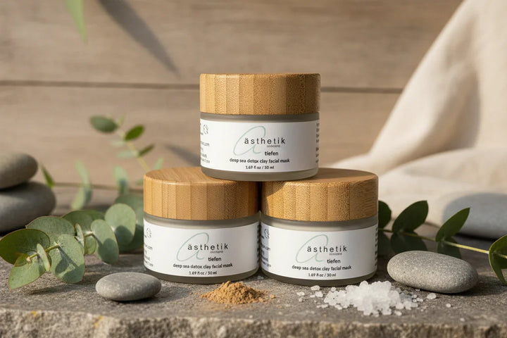 Three jars of aesthetik tiefen deep sea detox clay facial mask on a white background