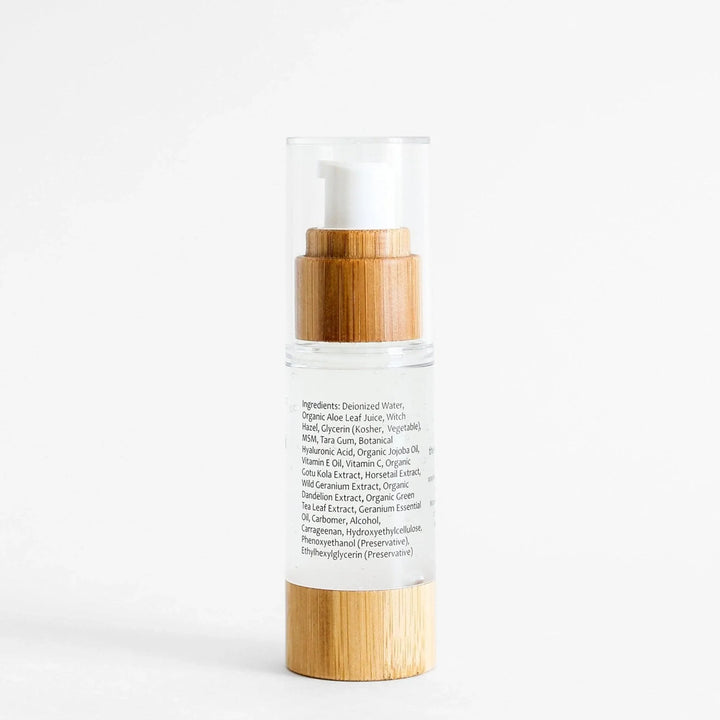 ingredients on glass bottle of asthetik skincare hyalurionic serums with bamboo cap